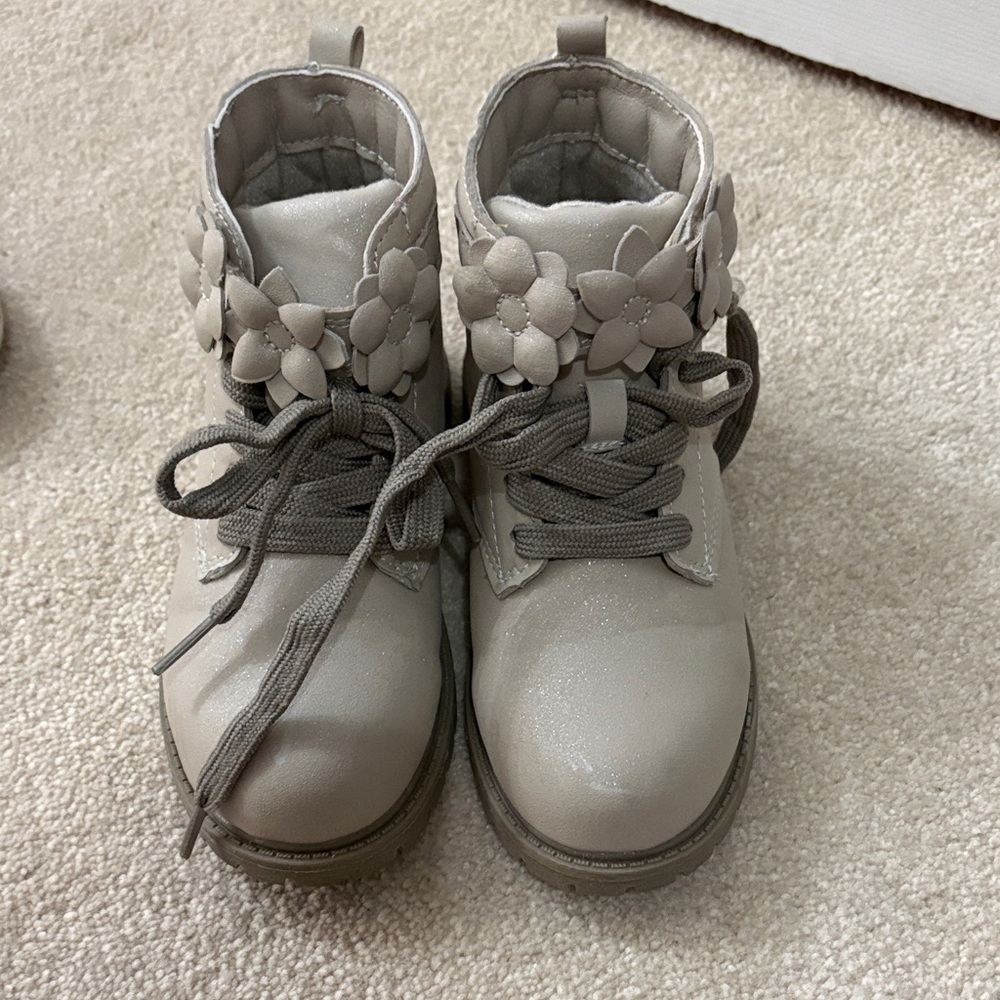 Girls' Sparkle Flower Lace-Up Ankle Boots from Carters - Light Gray